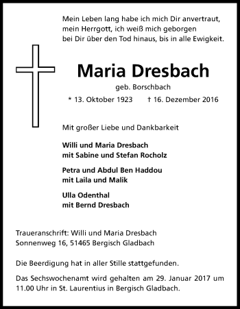 Anzeige von Maria Dresbach von Kölner Stadt-Anzeiger / Kölnische Rundschau / Express