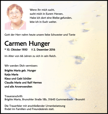 Anzeige von Carmen Hunger von Kölner Stadt-Anzeiger / Kölnische Rundschau / Express