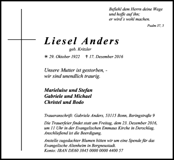 Anzeige von Liesel Anders von Kölner Stadt-Anzeiger / Kölnische Rundschau / Express