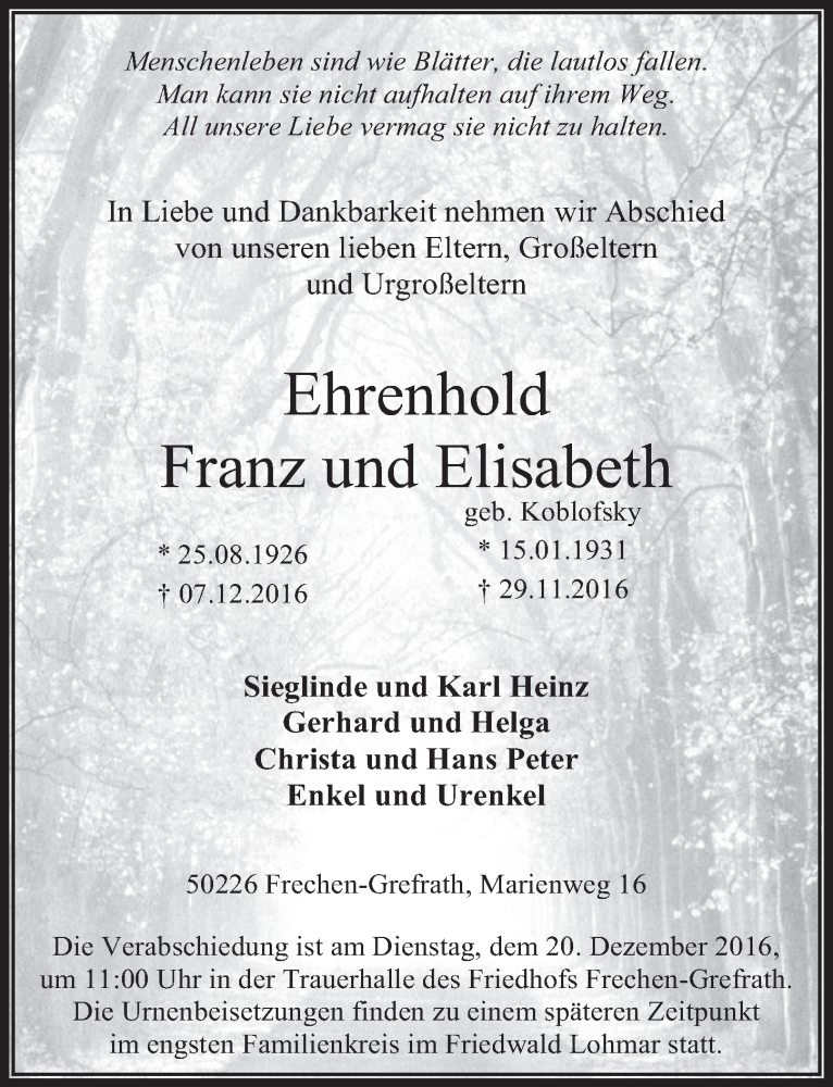  Traueranzeige für Franz/Elisabeth Ehrenhold vom 14.12.2016 aus  Wochenende 