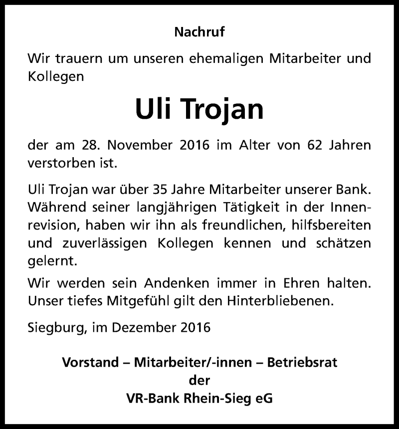  Traueranzeige für Uli Trojan vom 07.12.2016 aus Kölner Stadt-Anzeiger / Kölnische Rundschau / Express