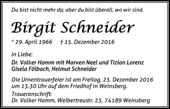 Anzeige von Birgit Schneider von Kölner Stadt-Anzeiger / Kölnische Rundschau / Express