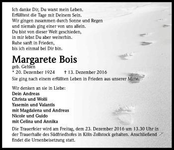 Anzeige von Margarete Bois von Kölner Stadt-Anzeiger / Kölnische Rundschau / Express
