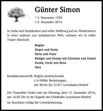 Anzeige von Günter Simon von Kölner Stadt-Anzeiger / Kölnische Rundschau / Express