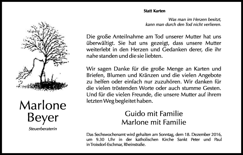  Traueranzeige für Marlone Beyer vom 03.12.2016 aus Kölner Stadt-Anzeiger / Kölnische Rundschau / Express