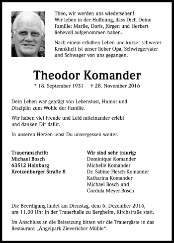 Anzeige von Theodor Komander von Kölner Stadt-Anzeiger / Kölnische Rundschau / Express