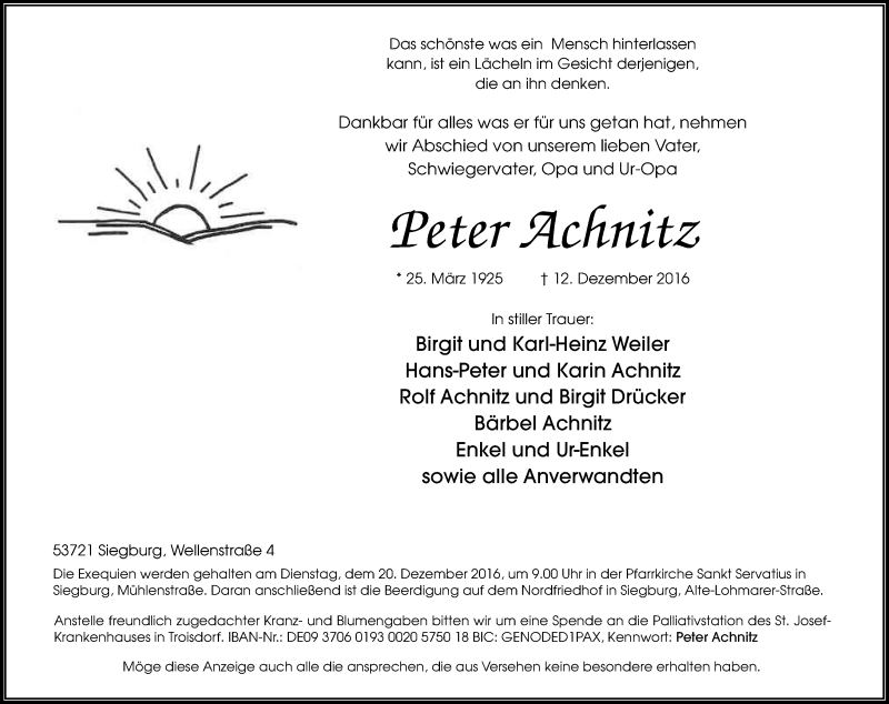  Traueranzeige für Peter Achnitz vom 17.12.2016 aus Kölner Stadt-Anzeiger / Kölnische Rundschau / Express