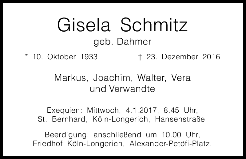  Traueranzeige für Gisela Schmitz vom 31.12.2016 aus Kölner Stadt-Anzeiger / Kölnische Rundschau / Express