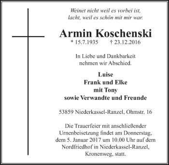Anzeige von Armin Koschenski von  Extra Blatt 