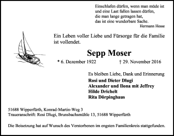 Anzeige von Sepp Moser von Kölner Stadt-Anzeiger / Kölnische Rundschau / Express