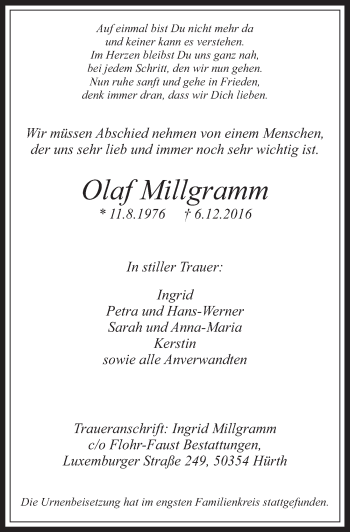 Anzeige von Olaf Millgramm von  Wochenende 