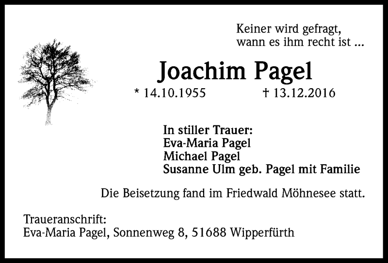  Traueranzeige für Joachim Pagel vom 29.12.2016 aus Kölner Stadt-Anzeiger / Kölnische Rundschau / Express