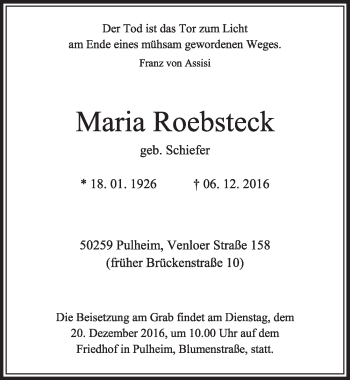 Anzeige von Maria Roebsteck von  Sonntags-Post 