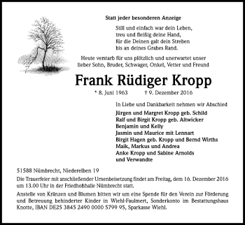 Anzeige von Frank Rüdiger Kropp von Kölner Stadt-Anzeiger / Kölnische Rundschau / Express