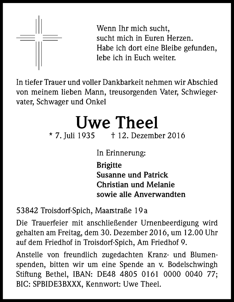  Traueranzeige für Uwe Theel vom 21.12.2016 aus Kölner Stadt-Anzeiger / Kölnische Rundschau / Express