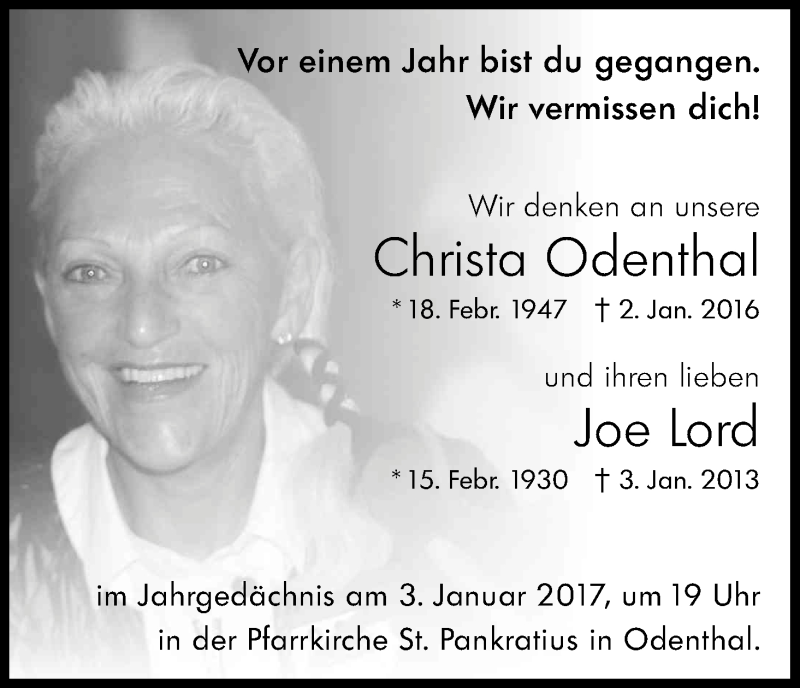  Traueranzeige für Christa und Joe Lord Odenthal vom 31.12.2016 aus Kölner Stadt-Anzeiger / Kölnische Rundschau / Express