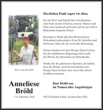 Anzeige von Anneliese Bröhl von  Werbepost 