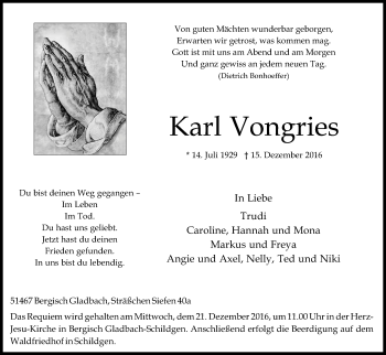 Anzeige von Karl Vongries von Kölner Stadt-Anzeiger / Kölnische Rundschau / Express