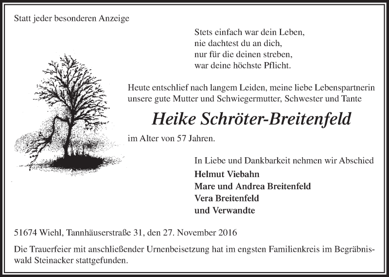  Traueranzeige für Heike Schröter-Breitenfeld vom 07.12.2016 aus  Anzeigen Echo 
