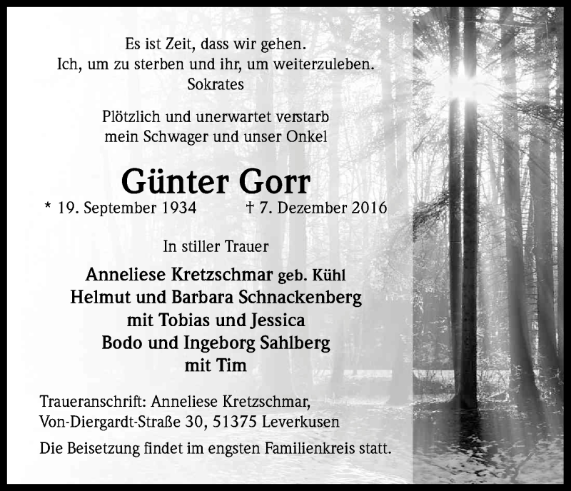  Traueranzeige für Günter Gorr vom 14.12.2016 aus Kölner Stadt-Anzeiger / Kölnische Rundschau / Express