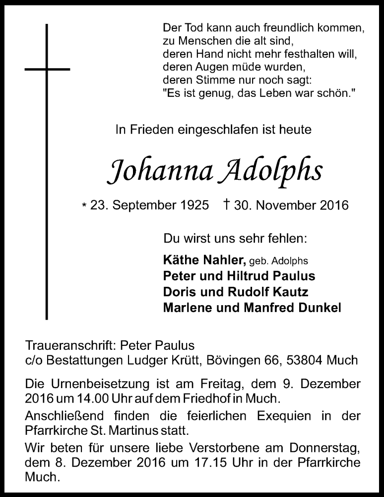  Traueranzeige für Johanna  Adolphs vom 03.12.2016 aus Kölner Stadt-Anzeiger / Kölnische Rundschau / Express