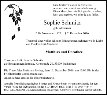Anzeige von Sophie Schmitz von Kölner Stadt-Anzeiger / Kölnische Rundschau / Express