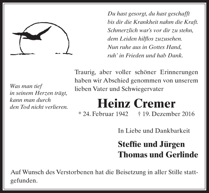  Traueranzeige für Heinz Cremer vom 28.12.2016 aus  Werbepost 
