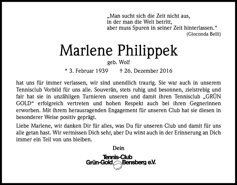  Traueranzeige für Marlene Philippek vom 31.12.2016 aus Kölner Stadt-Anzeiger / Kölnische Rundschau / Express