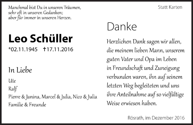  Traueranzeige für Leo Schüller vom 21.12.2016 aus  Bergisches Handelsblatt 
