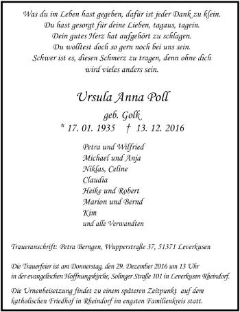 Anzeige von Ursula Anna Poll von  Leverkusener Wochenende 