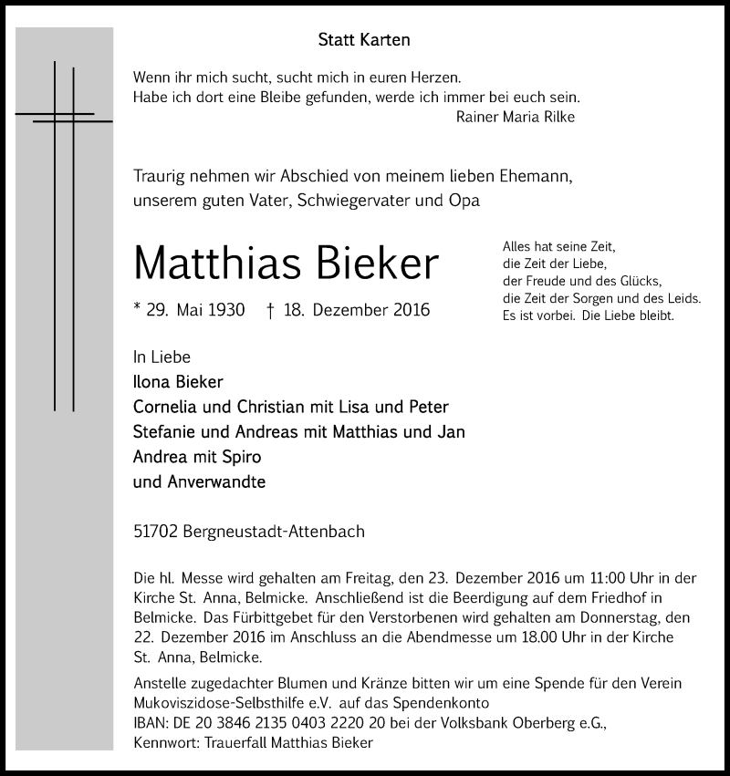  Traueranzeige für Matthias Bieker vom 20.12.2016 aus Kölner Stadt-Anzeiger / Kölnische Rundschau / Express