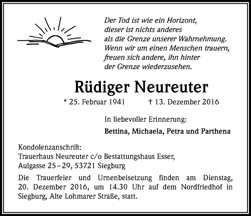  Traueranzeige für Rüdiger Neureuter vom 16.12.2016 aus Kölner Stadt-Anzeiger / Kölnische Rundschau / Express