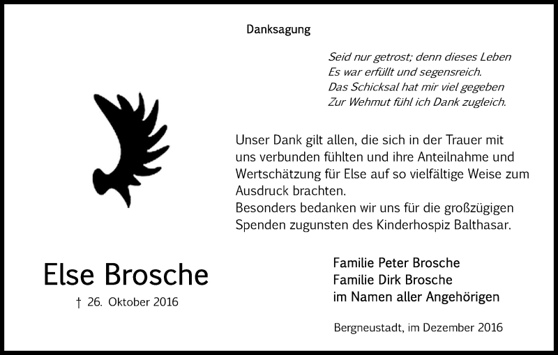  Traueranzeige für Else Brosche vom 03.12.2016 aus Kölner Stadt-Anzeiger / Kölnische Rundschau / Express