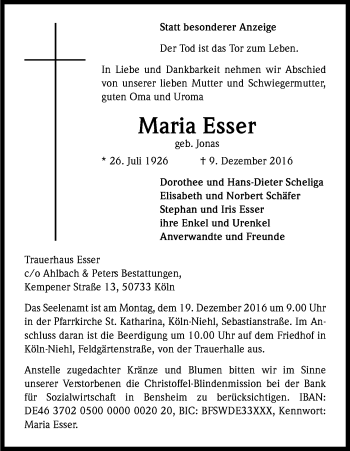 Anzeige von Maria Esser von Kölner Stadt-Anzeiger / Kölnische Rundschau / Express