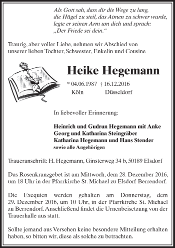 Anzeige von Heike Hegemann von  Sonntags-Post 