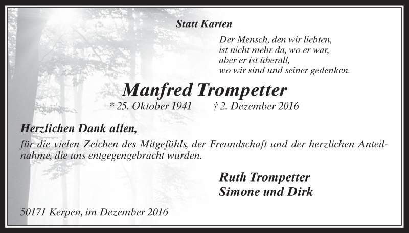  Traueranzeige für Manfred Trompetter vom 21.12.2016 aus  Werbepost 