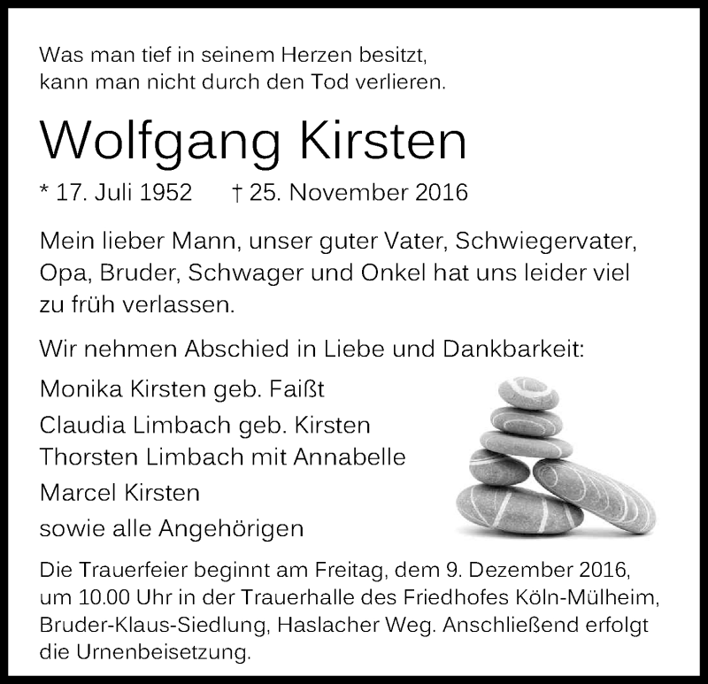  Traueranzeige für Wolfgang Kirsten vom 03.12.2016 aus Kölner Stadt-Anzeiger / Kölnische Rundschau / Express