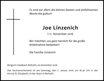 Anzeige von Joe Linzenich von Kölner Stadt-Anzeiger / Kölnische Rundschau / Express