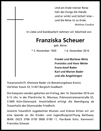 Anzeige von Franziska Scheuer von Kölner Stadt-Anzeiger / Kölnische Rundschau / Express