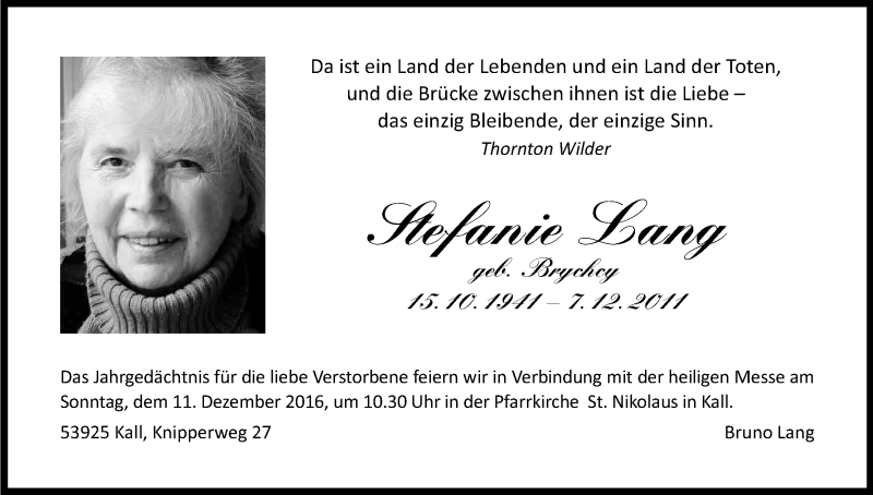  Traueranzeige für Stefanie Lang vom 08.12.2016 aus Kölner Stadt-Anzeiger / Kölnische Rundschau / Express