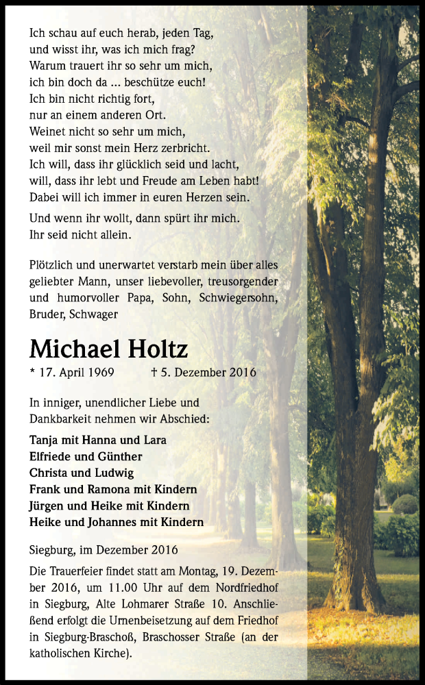  Traueranzeige für Michael Holtz vom 14.12.2016 aus Kölner Stadt-Anzeiger / Kölnische Rundschau / Express