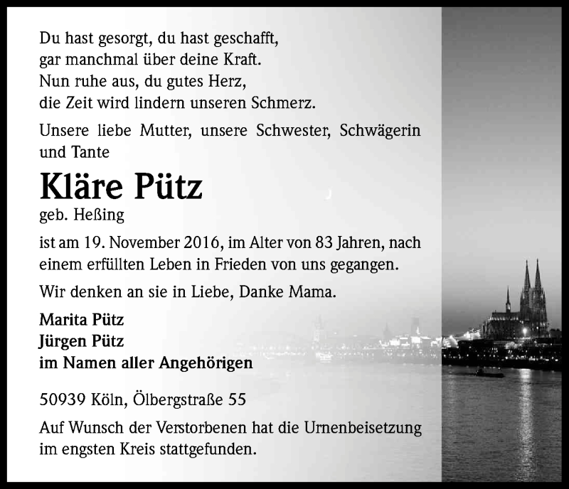  Traueranzeige für Kläre Pütz vom 10.12.2016 aus Kölner Stadt-Anzeiger / Kölnische Rundschau / Express