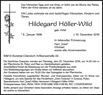 Anzeige von Hildegard Höller-Wild von Kölner Stadt-Anzeiger / Kölnische Rundschau / Express
