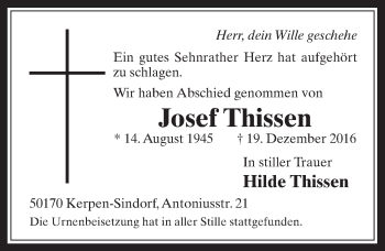Anzeige von Josef Thissen von  Werbepost 
