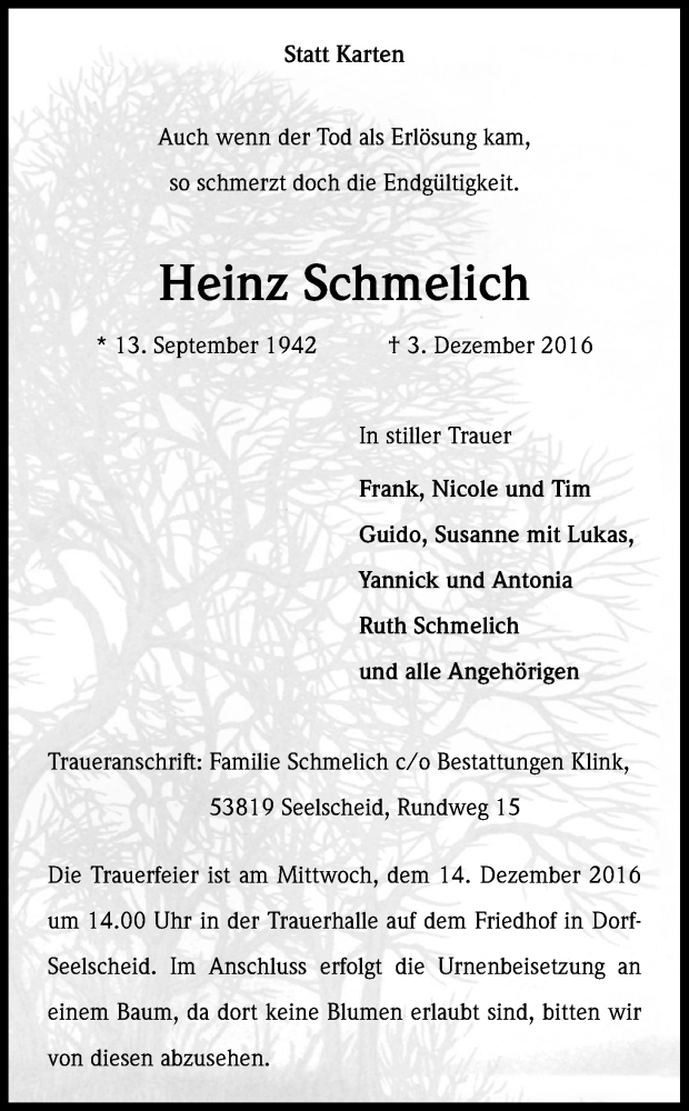  Traueranzeige für Heinz Schmelich vom 10.12.2016 aus Kölner Stadt-Anzeiger / Kölnische Rundschau / Express