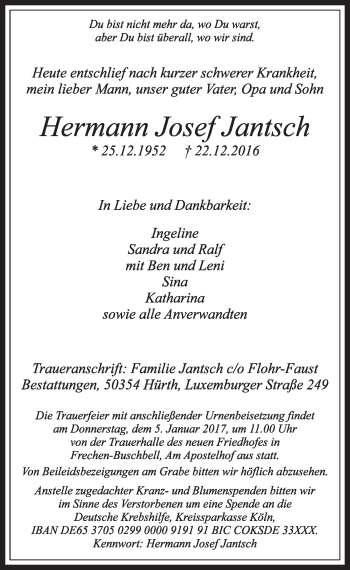 Anzeige von Hermann Josef Jantsch von  Sonntags-Post 