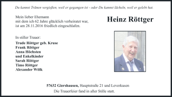 Anzeige von Heinz Röttger von Kölner Stadt-Anzeiger / Kölnische Rundschau / Express