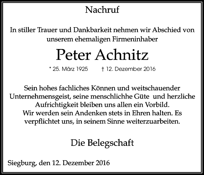 Traueranzeige für Peter Achnitz vom 17.12.2016 aus Kölner Stadt-Anzeiger / Kölnische Rundschau / Express