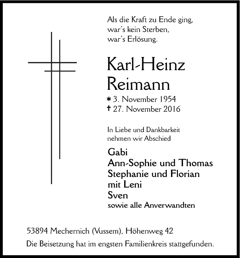  Traueranzeige für Karl-Heinz Reimann vom 03.12.2016 aus Kölner Stadt-Anzeiger / Kölnische Rundschau / Express