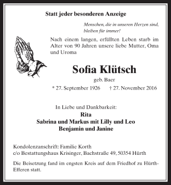 Anzeige von Sofia Klütsch von  Wochenende 
